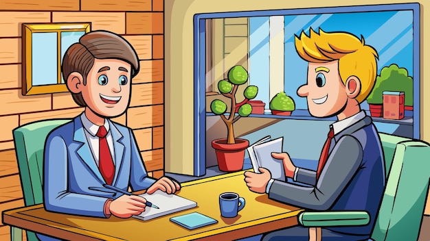 a cartoon of a man and a man sitting at a table with papers and a cup of coffee interview