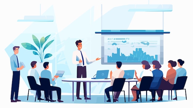 a cartoon of a man in a meeting room with people working on laptops