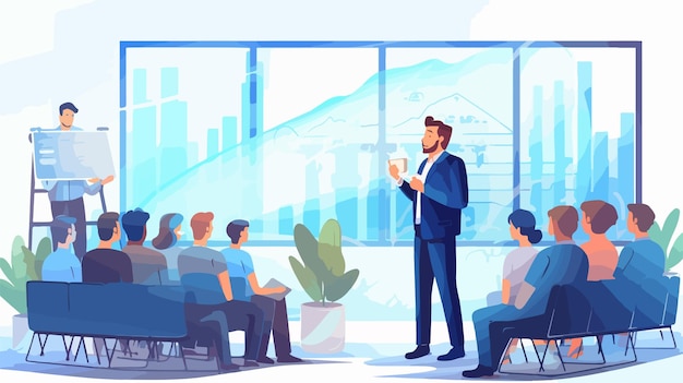 a cartoon of a man in a meeting with people sitting in chairs