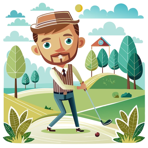 Vector cartoon man playing golf on a green course with trees and a clubhouse in the background