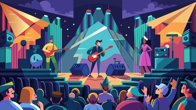 Vector a cartoon of a man playing a guitar on stage