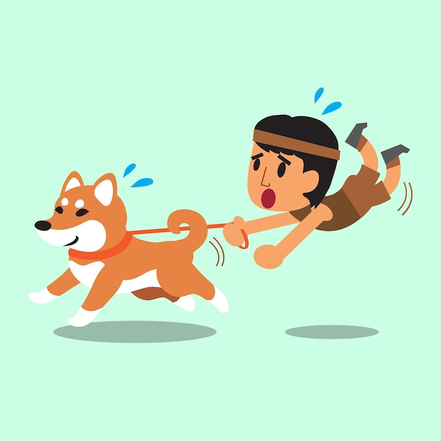 Cartoon man pulled by his shiba inu dog