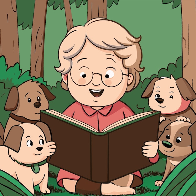 Vector a cartoon of a man reading a book with dogs and a dog