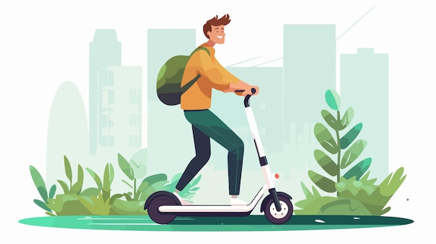 a cartoon of a man riding a scooter with a city in the background