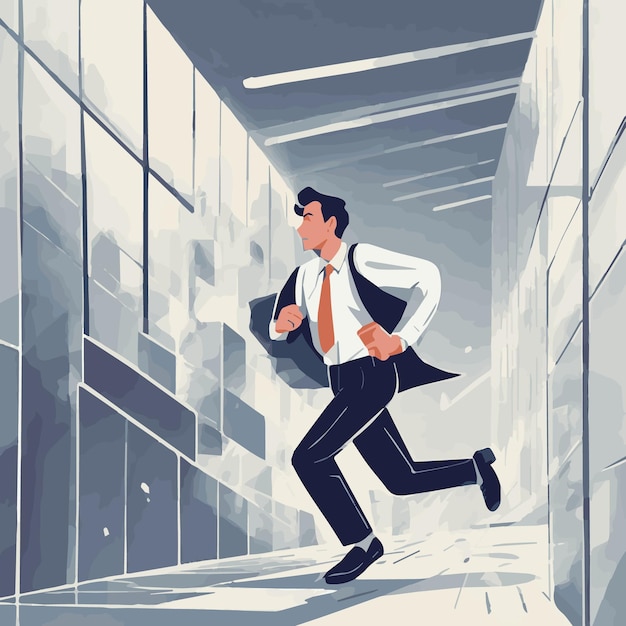 Vector cartoon of a man running across a iceberg with a picture of a man in a suit