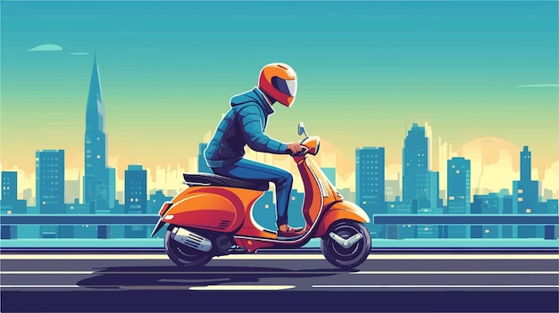 a cartoon of a man on a scooter with a city background