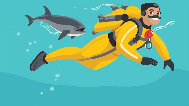 Vector a cartoon of a man in a scuba suit with a shark in the background