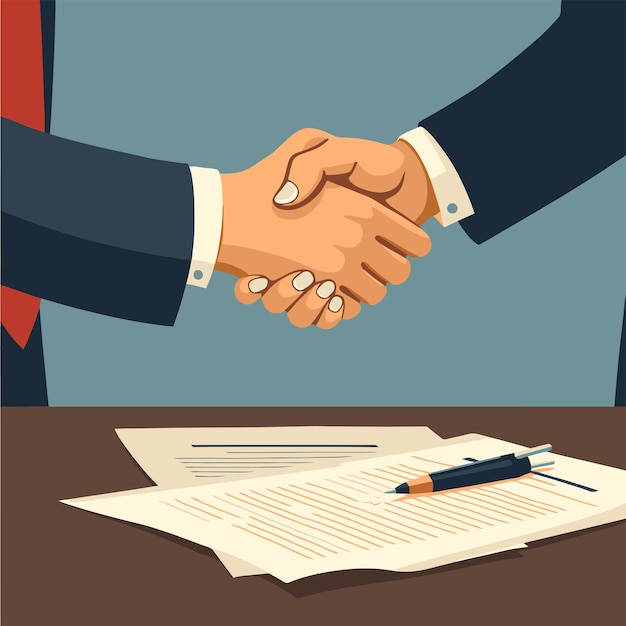 Vector a cartoon of a man shaking hands over a document that says  handshake