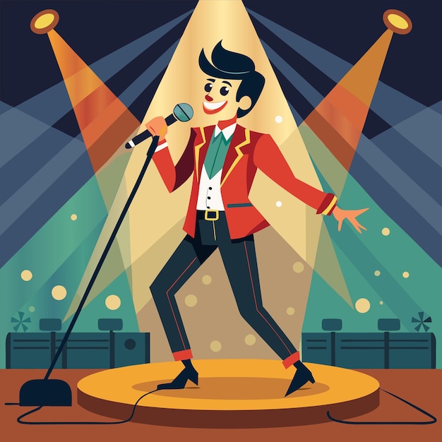 Vector a cartoon of a man singing on a stage with a microphone