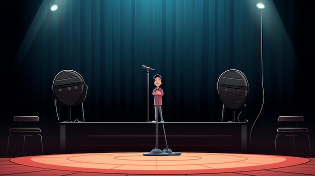 a cartoon of a man singing on a stage with two microphones