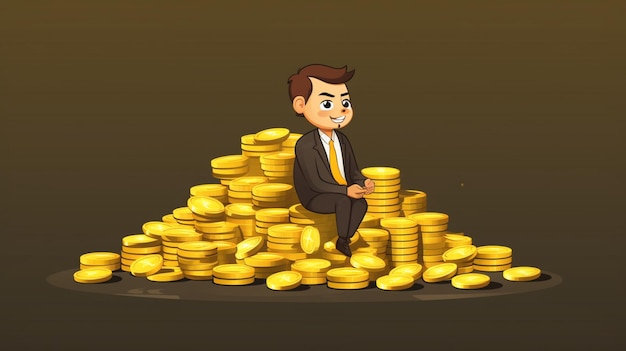 a cartoon of a man sitting in front of a pile of gold coins