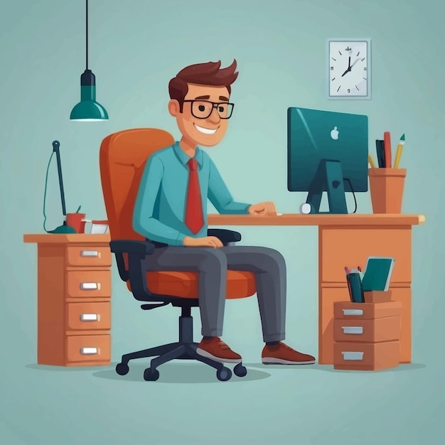 cartoon man sitting and working at the office