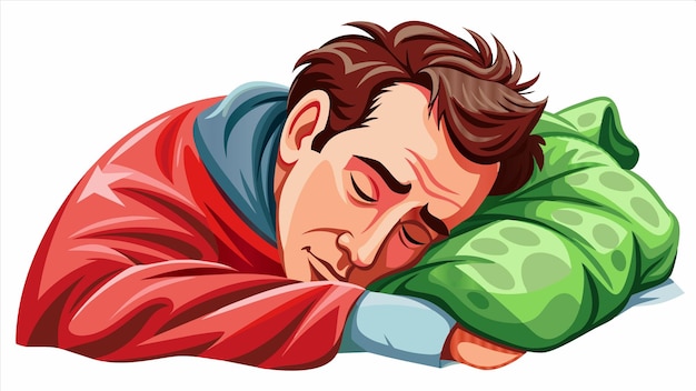 Vector a cartoon man sleeps with a green pillow and a red shirt that says quot the word quot