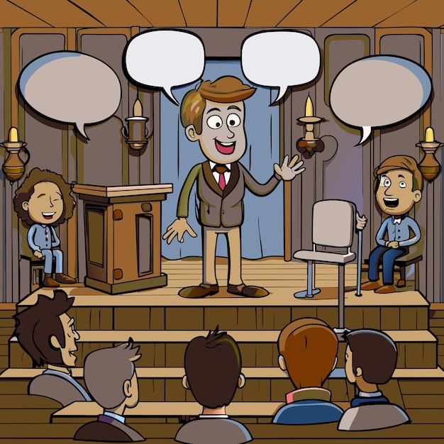 a cartoon of a man on a stage with a man in a suit on it