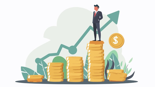 Vector a cartoon of a man standing on a pile of coins with a dollar sign above him