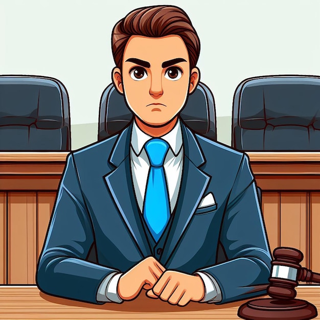 Vector a cartoon of a man in a suit and tie sitting at a desk with a judge in the background