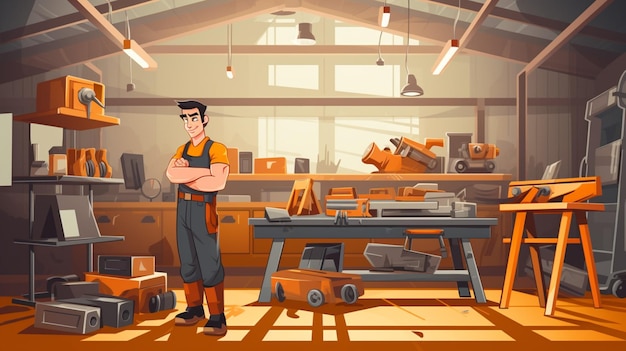 Vector a cartoon of a man in a warehouse with his arms crossed