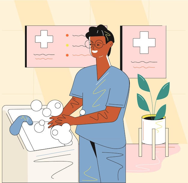 A cartoon of a man washing a washer and a sign that says'hospital '