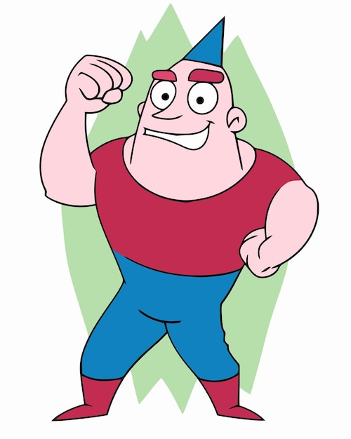 A cartoon of a man wearing a blue hat and a red shirt with the word fat on it.