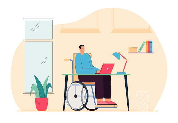 Cartoon man in wheelchair working at computer. Flat illustration