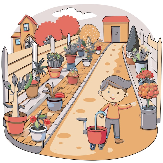 Vector a cartoon of a man with a bucket of flowers and a house with a man carrying a bucket