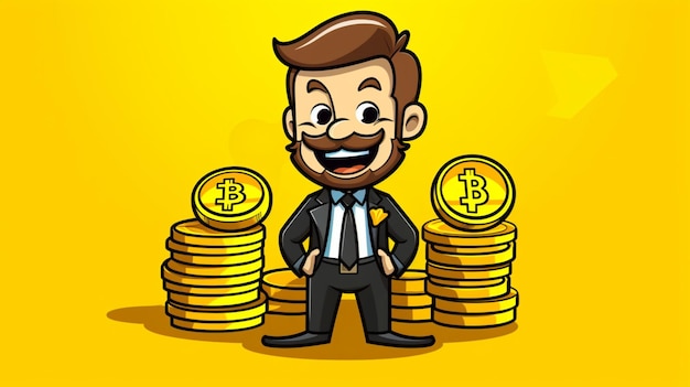 a cartoon of a man with a bunch of gold coins