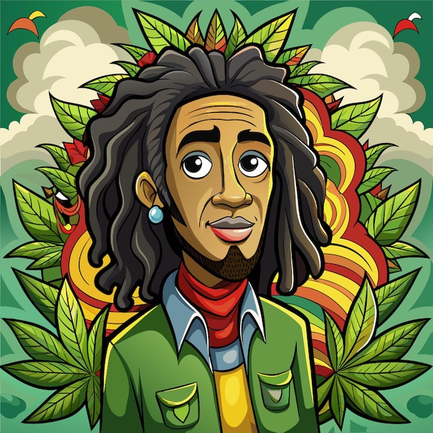 a cartoon of a man with dreadlocks and a green background