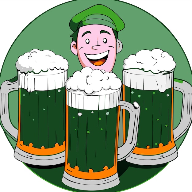 Vector a cartoon man with a green hat and green hat is smiling and holding a mug of beer