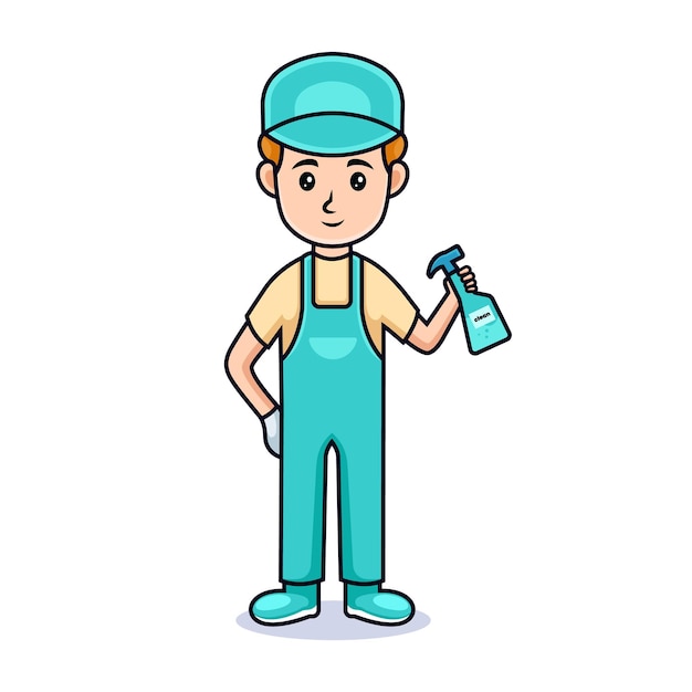 cartoon man with hat. cleaning service, holding a cleaning spray. Isolated on white