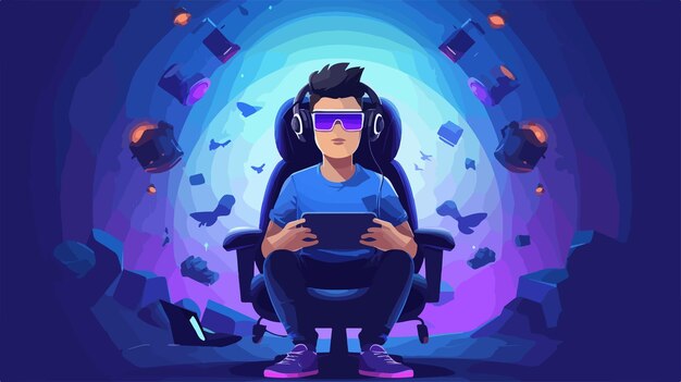 Vector a cartoon of a man with headphones on and a tablet in his hands