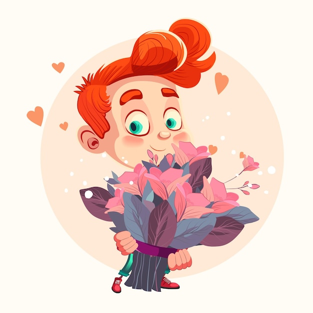 A cartoon man with red hair holding a bouquet of flowers.