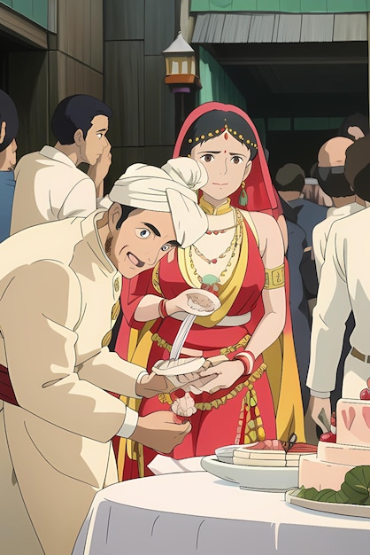 a cartoon of a man and woman holding a cake with a woman in a red dress