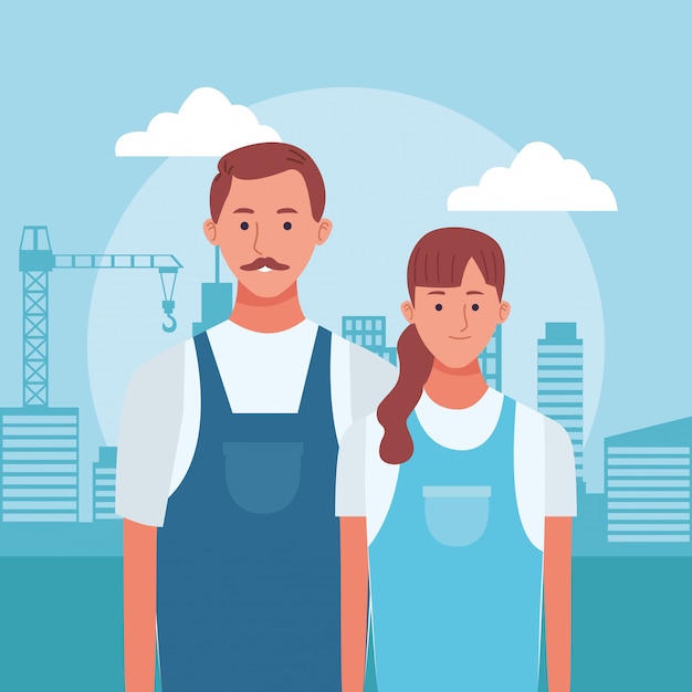 Cartoon man and woman standing over urban city buildings