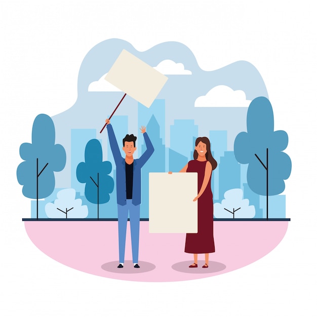 Cartoon man and woman with blank placard