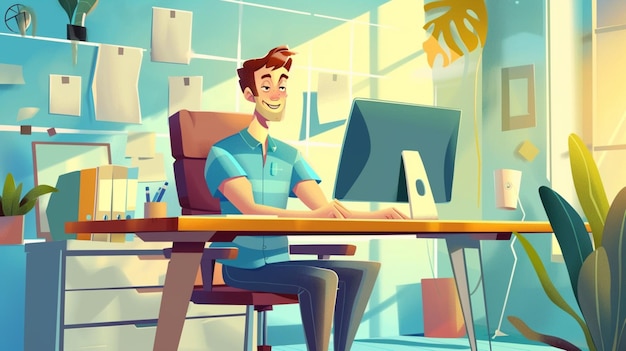 a cartoon of a man working at a computer with a man on the computer