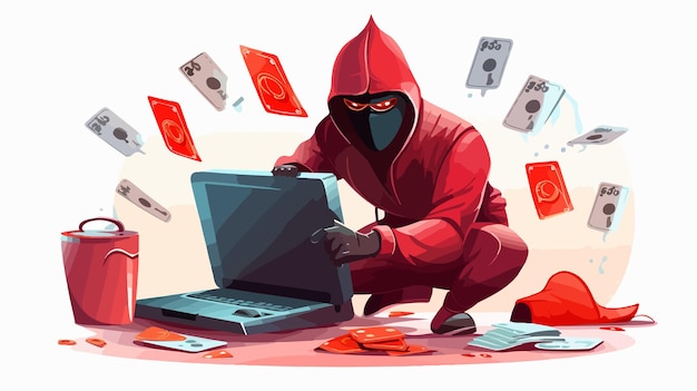 a cartoon of a man working on a laptop with cards and cards