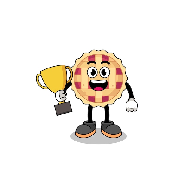 Cartoon mascot of apple pie holding a trophy