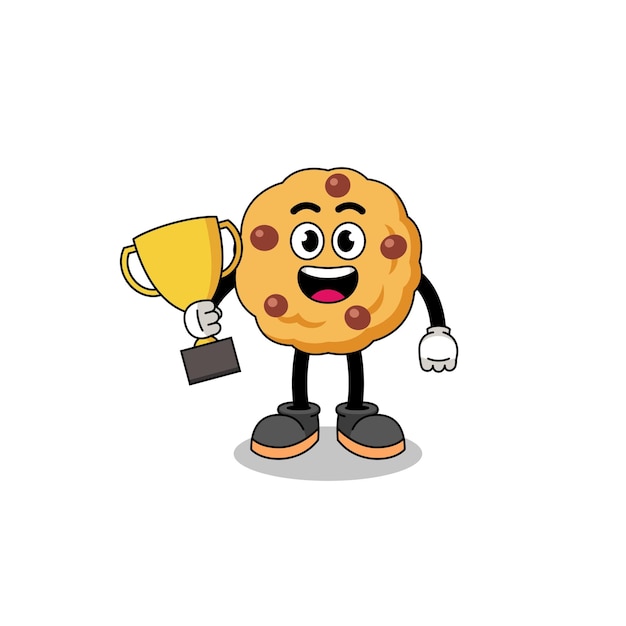 Cartoon mascot of chocolate chip cookie holding a trophy character design