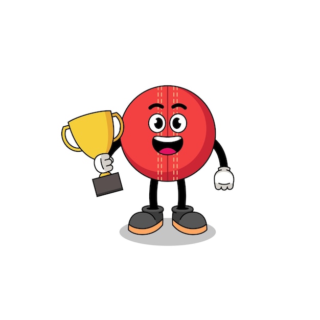 Cartoon mascot of cricket ball holding a trophy character design