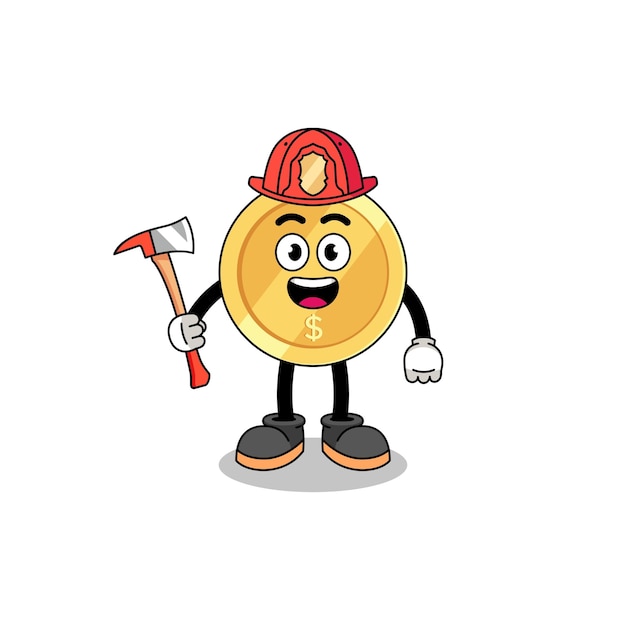 Cartoon mascot of dollar coin firefighter character design