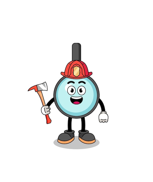 Cartoon mascot of magnifying glass firefighter