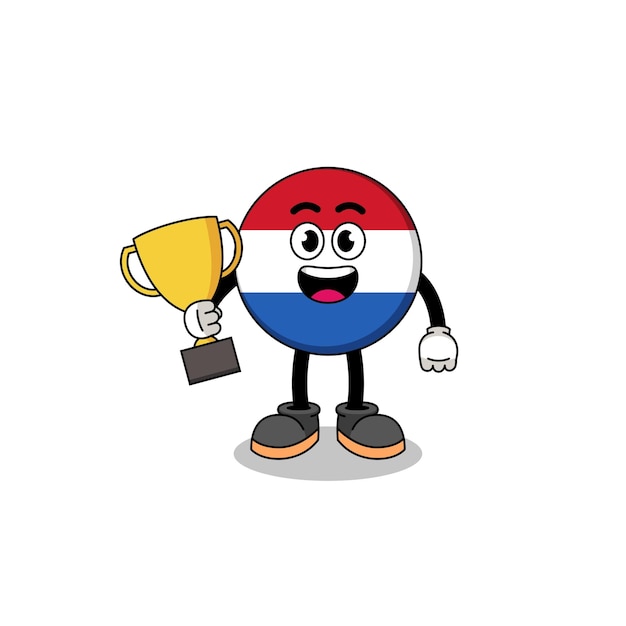 Cartoon mascot of netherlands flag holding a trophy