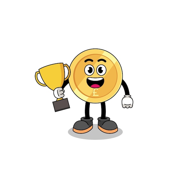 Cartoon mascot of pound sterling holding a trophy