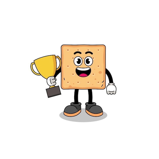 Cartoon mascot of square cracker holding a trophy