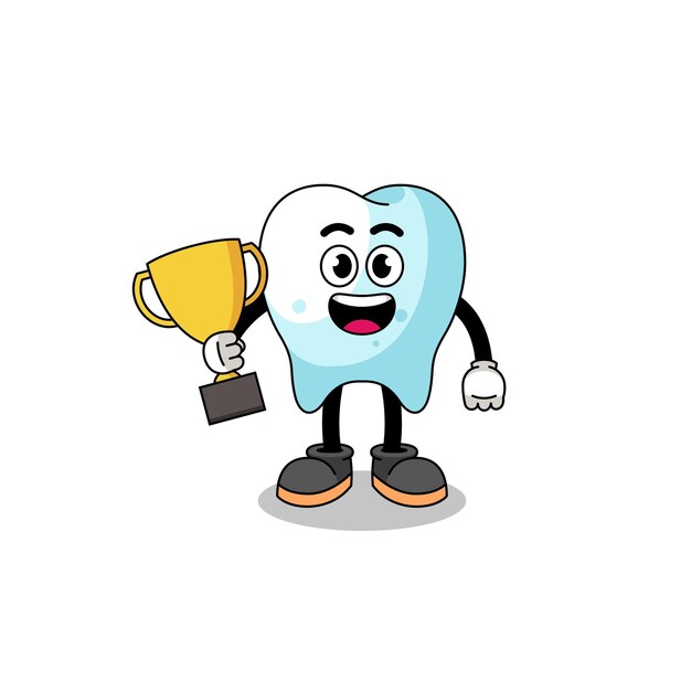 Cartoon mascot of tooth holding a trophy