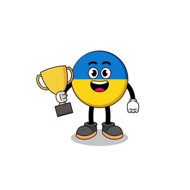 Cartoon mascot of ukraine flag holding a trophy character design