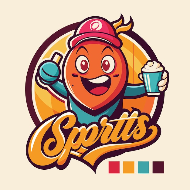 Vector cartoon mascot with a drink and a ball wearing a cap with the word quotsportsquot below