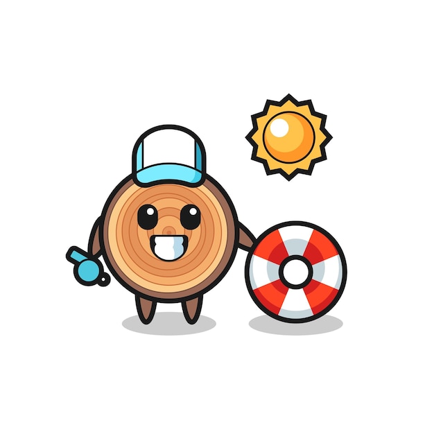 Cartoon mascot of wood grain as a beach guard