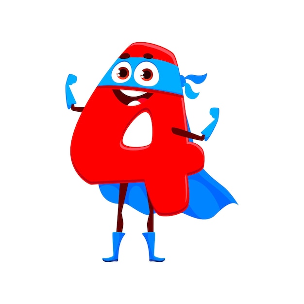 Vector cartoon math number four superhero character isolated vector playful and charming 4 figure mathematics numeric super hero personage with big round eyes a cheerful smile and iconic defender attire