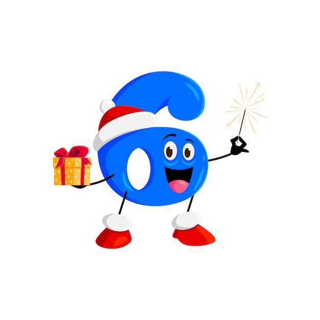 Vector cartoon math number six holding a festive gift